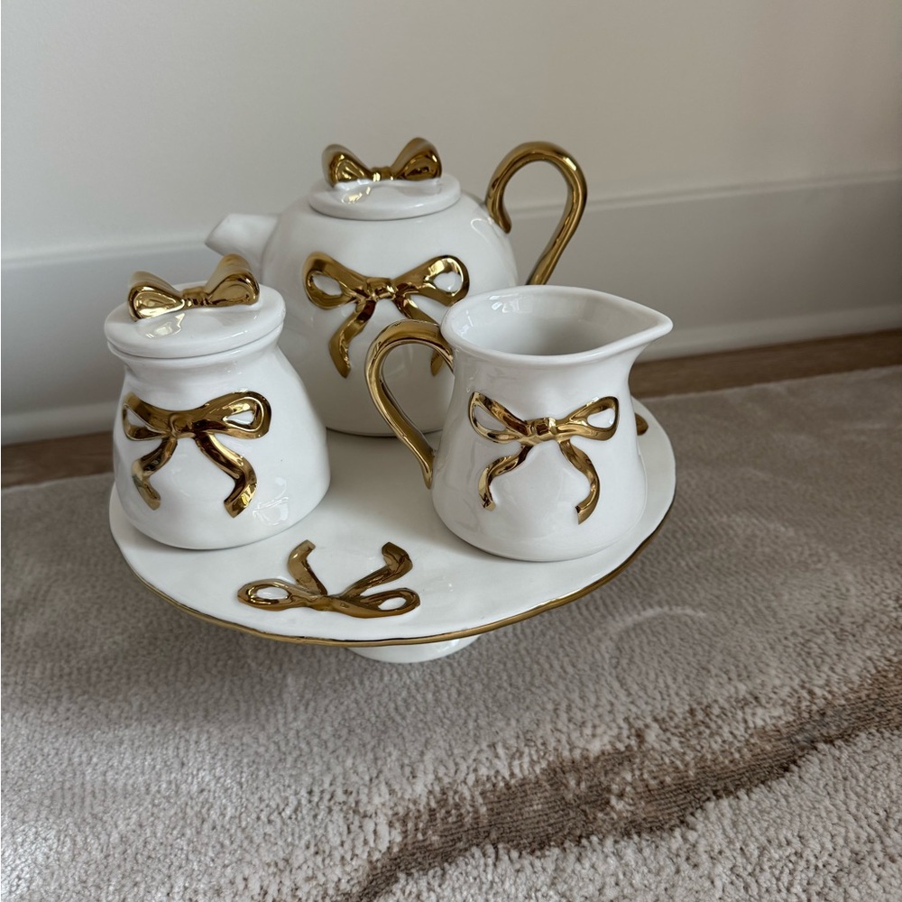 Elegant White and Gold Bow Tea Set & Cake Stand